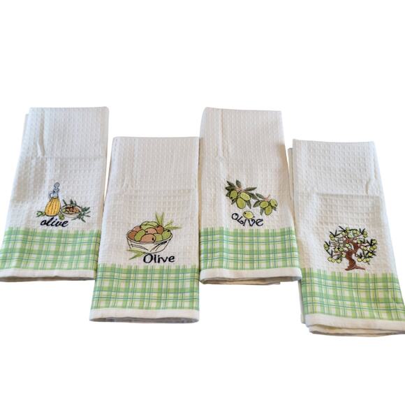 4 Olive Kitchen Towels Lavien Embroidered Waffle Cotton Blend 16x24" Green Plaid - Picture 11 of 13